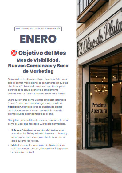 Portada muestra de plan de marketing de enero para negocios de restauración